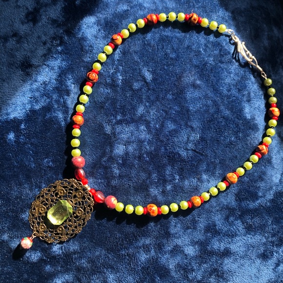 Handcrafted repurpose filigree large stone cloisonné pendant bead necklace - Picture 5 of 8